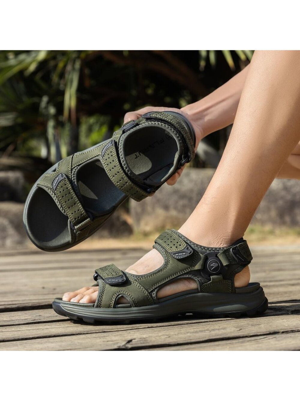 Men's Green Athletic Hiking Open Toe Leather Walking Sport Sandals Shoes - Picture 2 of 6
